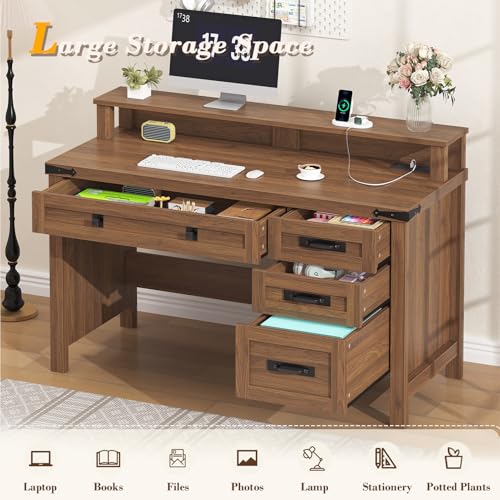 47" Farmhouse Computer Desk with 4 Drawers for Home Office, Bedroom | Executive Desk with Power Outlets, Home Office Desk with Monitor Stand & Drawers, Small Desk Writing Study Table, Brown - color: Brown
