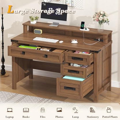 47" Farmhouse Computer Desk with 4 Drawers for Home Office, Bedroom | Executive Desk with Power Outlets, Home Office Desk with Monitor Stand & Drawers, Small Desk Writing Study Table, Brown - color: Brown