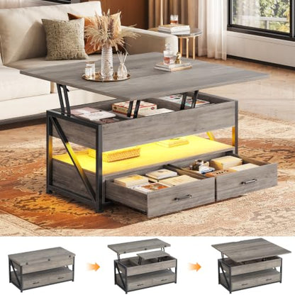 Itaar 40" Lift Top Coffee Table with 2 Drawers Storage for Living Room | Grey 4 in 1 Expandable Coffee Table with 2 Drawers & LED Light & Hidden Compartmen for Dining Living Room Table - color: Grey