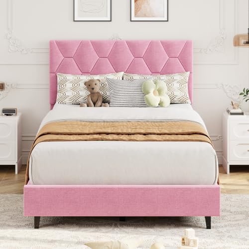 GAOMON Pink Twin Bed Frame with Upholstered Headboard, Heavy-Duty Platform Bed Frame with Strong Wood Slats, No Box Spring Needed/Noise Free/Easy Assembly | Heavy-Duty Bed Frame with Wooden Slats Support Upholstered Mattress Foundation No Box Spring Neede