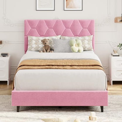 GAOMON Pink Twin XL Bed Frame with Upholstered Headboard, Heavy-Duty Platform Bed Frame with Strong Wood Slats, No Box Spring Needed/Noise Free/Easy Assembly - color: Pink, size: Twin XL