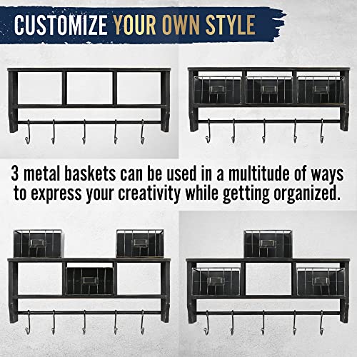 HBCY Creations Wall Mounted Shelf with Coat Hooks and Baskets, Solid Wood Entryway Organizer Wall Shelf with Hooks - Hang Coats, Keys or Coffee Mugs, Rustic Blackwash 24" Wide - color: Blackwash