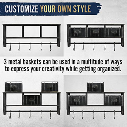HBCY Creations Wall Mounted Shelf with Coat Hooks and Baskets, Solid Wood Entryway Organizer Wall Shelf with Hooks - Hang Coats, Keys or Coffee Mugs, Rustic Blackwash 24" Wide - color: Blackwash