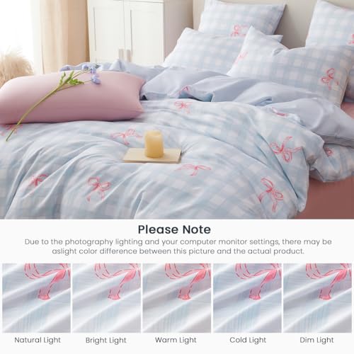 Blue Plaid Pink Bow Duvet Cover Queen Size | Soft Lightweight Microfiber Duvet Cover Set With Zipper Closure, Blue Plaid And Pink Bow Design, Includes 2 Pillowcases - color: Bow-knot, size: Queen(No Comforter)