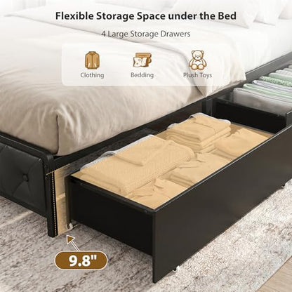 Twin Bed Frame with Button Headboard, PU Leather, All-Metal Support Platform LED Light Strip Twin Bed with Storage and Charge Station, Easy to Install, Stable, Noise-Free (Black) - color: Black