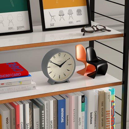 JONES CLOCKS® Venus Desk Clock | Modern Round Design | Gray | Stylish Retro Look for Shelf, Table, Mantel or Bedside - color: Clockwork Grey