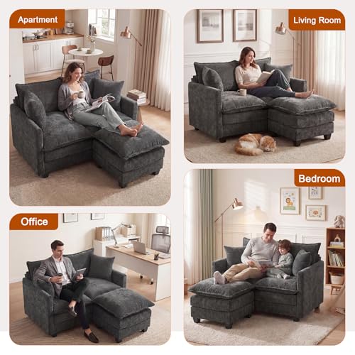 50'' L-Shape Loveseat Sofa with 22" Ottoman, 2 Seat Modern Cloud Couch with 2 Washable Pillows for Small Space Apartment Office Living Room Bedroom, Grey - color: Grey, size: 50"L