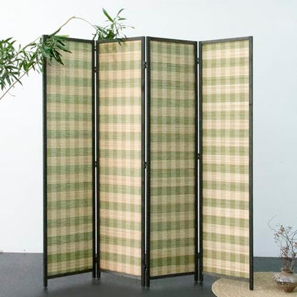 4 Panel Bamboo Room Divider, Green Stripe Folding Privacy Screen | 5.6 ft Folding Screen Divider, Divider for Room Separation, Freestanding Room Partition Screen, Double-Sided Panel Screen - color: Green Stripe, size: 4 Panel