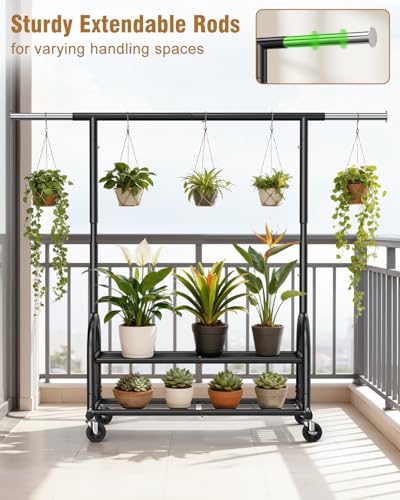 Heavy Duty Clothes Rack for Hanging Clothes Load 556 LBS, Height Adjustable Rolling Clothing Racks, Portable Metal Coat Rack Garment Wardrobe with Wheels and Shelves for Bedroom Laundry, Black - color: Black, style: 2 Shelves