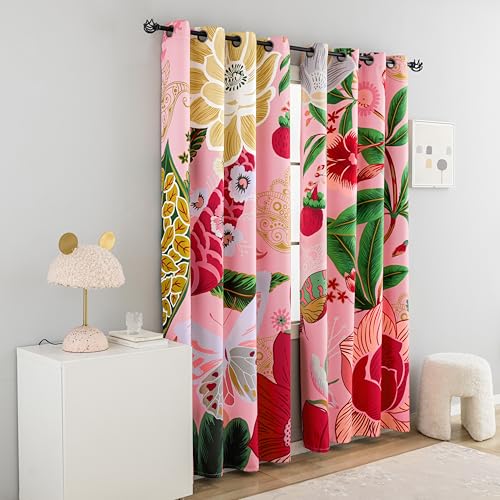 Tyrot Pink Coquette Floral Grommet Blackout Curtains, 52W x 63L, 2 Panels | Girls Bedroom, Teen Room, Dorm Decor, Thermal Insulated, Heat Blocking, Light Blocking Privacy, Heavyweight Drapes - color: Boho Rose, size: 52"W x 63"L (Pack of 2)