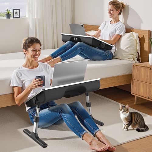 2-in-1 Bed & Lap Desk with Soft Cushion, Adjustable Height & Angle | Wrist Rest, Leather, iPad Holder & Stopper - Foldable Laptop Stand for Bed & Couch, Portable Bed Table Tray for Adults & Kids - color: Black