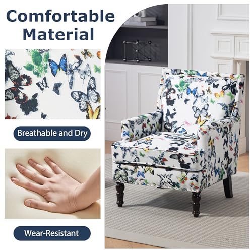 Accent Chair, Modern Comfy Accent Chairs Lounge Arm Chair | Mid-Century Linen Upholstered Wingback with Solid Wood,Single Floral Pattern Sofa Chair for Living Room/Balcony/Bedroom - color: Sackcloth001-butterfly