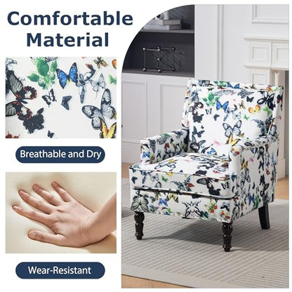 Accent Chair, Modern Comfy Accent Chairs Lounge Arm Chair | Mid-Century Linen Upholstered Wingback with Solid Wood,Single Floral Pattern Sofa Chair for Living Room/Balcony/Bedroom - color: Sackcloth001-butterfly