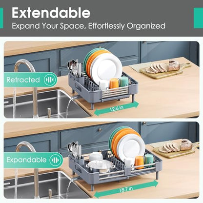 TOOLF Expandable Dish Drying Rack with Cutlery Holder, Standard, Grey | Over or In Sink Stainless Steel Dish Drainers for Compact Kitchen, Space Saving, Fast Drain, Rustproof, For 1-3 people - color: Gray