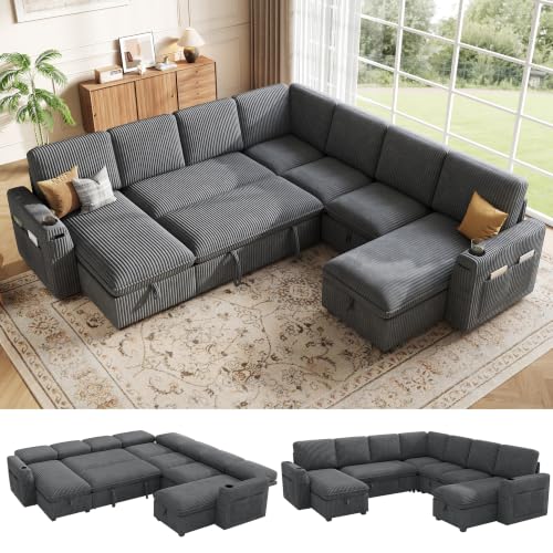 Oversized Sectional Sleeper Sofa with Pull Out Bed, Plush Corduroy 9 Seat Modular Sofa with Storage Chaise and Adjustable Backrest, Cloud Couches for Living Room, Apartment, Light Grey - color: Smoke Grey, size: 108" L Shape (9-Seat1)