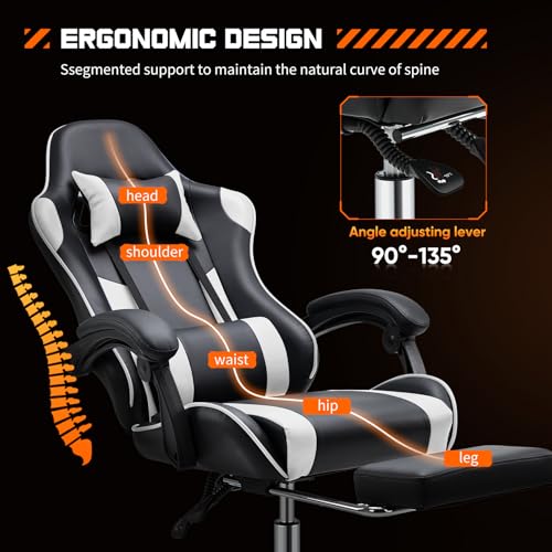 Sweetcrispy Gaming Chair, High Back Office Chair, Home Office | PU Leather Ergonomic, Adjustable Headrest Footrest, Linkage Armrest, Video Racing, White - color: Pu White