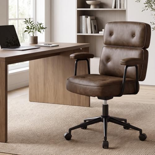 OLIXIS Office Desk Chair, Computer Chair with Lumbar Support | PU Leather, Adjustable Height, 360° Swivel Wheels, Comfy Padded Armrests, Rolling Executive Task, Modern Brown - color: Modern Brown