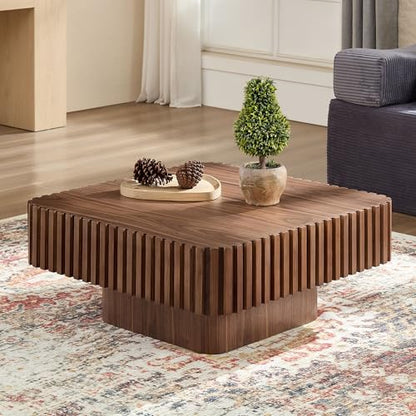 JUSTONE 35-inch Mid-Century Modern Drum Coffee Table, Handcrafted Wood Round Center Table for Living Room, Home Office, Walnut - color: 35.43'' - Walnut-1
