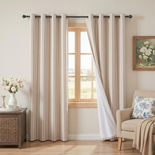 MYSKY HOME Taupe Striped Curtains 100% Blackout 84 Inches Long Farmhouse Rustic Curtains for Bedroom Living Room Tan Stripe Patterned Linen Blend Double Layer Drapes, Grommet, 2 Panels, 52" Wide - color: B-taupe/Blackout, size: 52"W x 84"L (Pack of 2)
