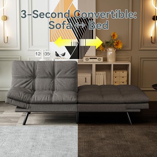 Futon Sofa Bed Convertible Couch, Grey Linen Sofa Bed | Adjustable Backrest & Armrests, Multifunctional Small Loveseat Sleeper Sofa for Living Room, Apartment, Office, Foam Couch - color: A1 | Dark Grey