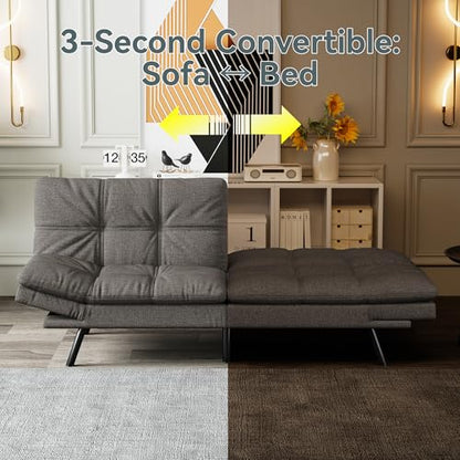 Futon Sofa Bed Convertible Couch, Grey Linen Sofa Bed | Adjustable Backrest & Armrests, Multifunctional Small Loveseat Sleeper Sofa for Living Room, Apartment, Office, Foam Couch - color: A1 | Dark Grey