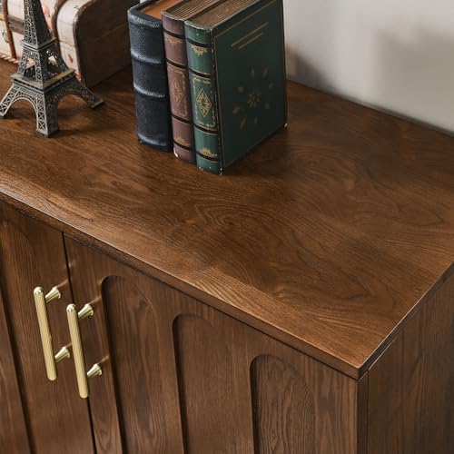 Small Sideboard Buffet,Mid Century Modern Storage Cabinet with Doors | Real Wood Veneer Credenza Storage Cabinet,Living Room Accent Cabinet,Small Walnut Sideboard Buffet,Boho Bar Cabinet - color: Walnut