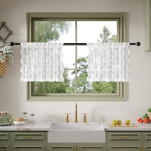 Anmao Vintage Lace Kitchen Curtains 18 Inches Long 2 Panels, Romantic Semi Sheer Floral Over Sink Lacy Cafe Curtain, Elegant Window Short Small Drapes, 55W x 18L, Pure White - color: Pure White Plum, size: 55"W x 18"L (Pack of 2)