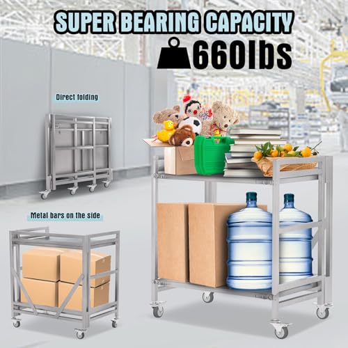 2 Shelf Rolling Cart with Wheels, 660lbs Capacity Collapsible Steel Rolling Utility Cart, Heavy-Duty Foldable Workbench, Metal Rolling Storage Cart with Handle for Groceries, Warehouse (36" Lx26 W) - color: Plate