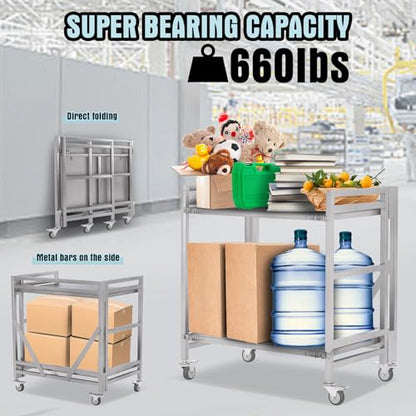 2 Shelf Rolling Cart with Wheels, 660lbs Capacity Collapsible Steel Rolling Utility Cart, Heavy-Duty Foldable Workbench, Metal Rolling Storage Cart with Handle for Groceries, Warehouse (36" Lx26 W) - color: Plate