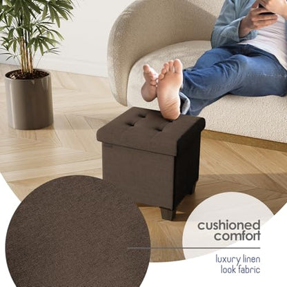 Storage Ottoman Cube with Small Bin, 15-in Square Ottoman with Storage for Living Room and Bedroom, Small Ottomans Foot Rest, Fabric Foot Stools Ottomans Max 330lbs, Brown - color: 06 - Brown