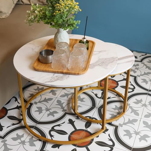 aboxoo Coffee Table Nesting White Set of 2 Side Set Golden Frame Circular Round and Marble Pattern Wooden Tables, Living Room Bedroom Apartment Modern Industrial Simple Nightstand - color: Gold White