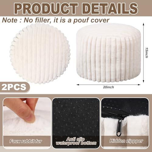 Teenyyou 2 Pcs Unstuffed Pouf Ottoman Cover Beige, 20 x 15 in No Filler | Soft Faux Fur Ribbed Texture, Floor Footrest for Living Room Bedroom, Bean Bag Seating Storage, Empty Cover No Insert - color: Beige, size: 20 x 15 In