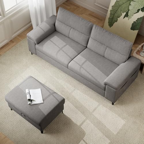88.97" L Shaped Sectional Couch Deep Seat Sofa for Living Room(Light Gray) | Storage Ottoman & 8”Cushion, Comfy 2-Seater Chenille Loveseat, Convertible Armrest, Removable Cover for Small Space - color: Light Gray, size: 88.97" Couch & Ottoman