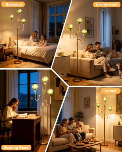 Lightdot Dimmable Green Glass Floor Lamp Mid Century Modern Gold Floor Lamps with Warm White Bulbs Included 3-Arm Standing Tall Lamp with 5Lbs Heavy Base for Living Room/Bedroom/Home Office - color: 3 Green Tulip-Gold