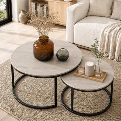 Otterease Nesting Tables Set of 2, Small Round Coffee Table for Living Room | Nesting Coffee Table with Adjustable Non-Slip Feet, Wood Grain Top Nesting Table for Living Room, Bedroom (Wood Grain Grey) - color: 31.5" Wood Grain Grey