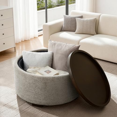 Zihanhome 30 Inch Round Storage Ottoman, Ottoman Coffee Table with Lift Off Lid, Boucle Modern Ottomans with Storage for Living Room, Bedroom, Apartments (Light Brown Striped) - color: Light Brown Striped