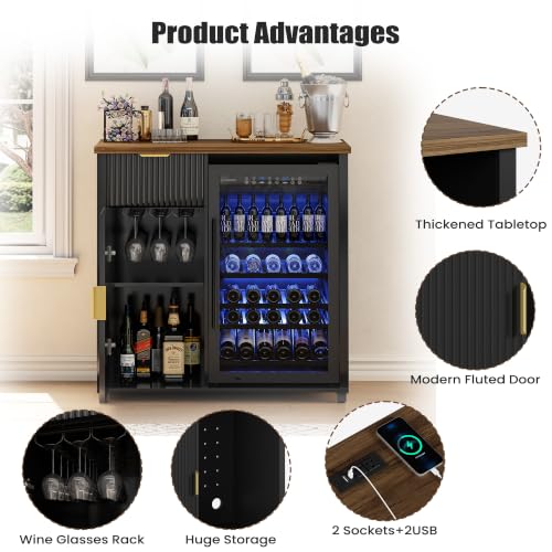 Apicizon Coffee Bar Cabinet with Fridge Space, Modern Fluted Coffee Station with Wine Beverage Storage, Drawer, Glass Holder, Wood Buffet Sideboard Table for Kitchen, Dining Room, 41.33" L, Black - color: Black