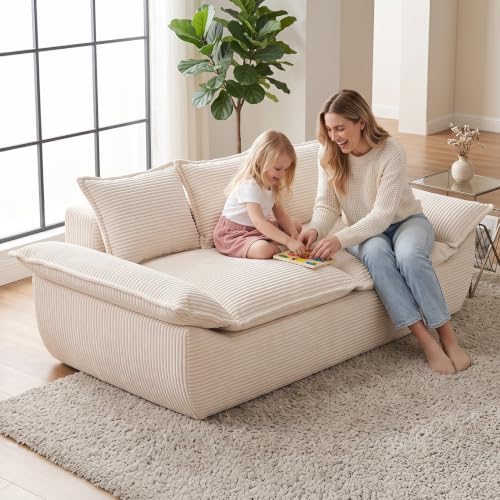 69" Boneless Couch, 3-Seater Oversized Boneless Loveseat Sofa with Removable Cushions & 3 Pillows, Deep Seat Compress Foam Sofa for Living Room, Apartments, & Office - color: Beige, size: 3 Seater (69")