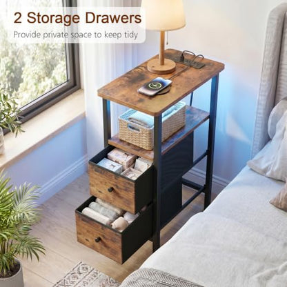 Narrow End Table with Charging Station, Small Nightstand | Skinny Side Tables Living Room with 2 Fabric Drawers, Bedside Table with LED Lights for Bedroom, Small Spaces, Rustic Brown - color: Rustic Brown + Black, size: 23.22''H (2 Drawers), style: Power