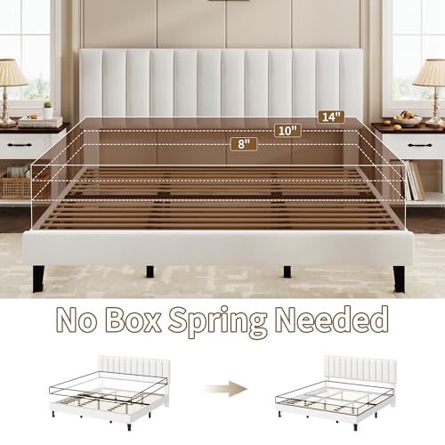 Garvee King Size Platform Bed Frame with Upholstered Headboard, White | Fully Velvet Upholstered Mattress Foundation with Height Adjustable Headboard, No Box Spring Needed, Easy Assembly - color: White, size: King