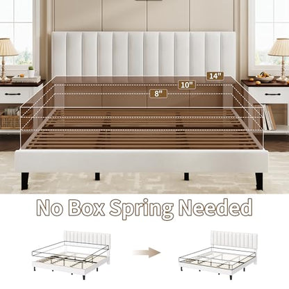 Garvee King Size Platform Bed Frame with Upholstered Headboard, White | Fully Velvet Upholstered Mattress Foundation with Height Adjustable Headboard, No Box Spring Needed, Easy Assembly - color: White, size: King