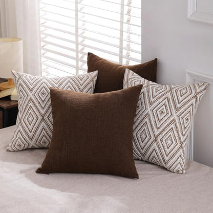 HPUK Throw Pillow Covers 18x18, Set of 4, Chocolate Couch Pillow Covers | Polyester fabric, patterned and solid designs, hidden zippers, machine washable, for sofas and beds, inserts not included - color: Chocolate, size: 18" x 18" (Pack of 4)