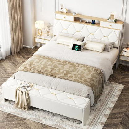 FreeHouse Full Size Bed Frame with Headboard & Storage, All Metal Structure | PU Leather Upholstered Bed Frame Full Size with Charging Station, Diamond Tufted, Gold Accents, No Box Spring Needed, White - color: White, size: Full