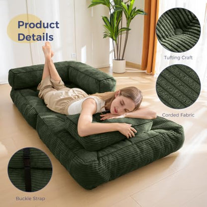 MAXYOYO Folding Sofa Bed, Convertible Chair Bed with Pillow | L-Shaped Floor Sofa with Armrest and Pillow, Foldable Portable Fold Out Comfy Chair Bed for Living Room Bedroom, Dark Green - color: Dark Green