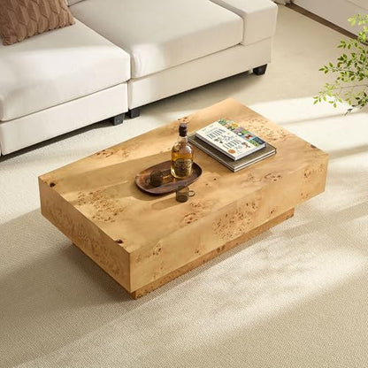 43.31" Rectangle Coffee Table with Burl Wood Veneer & Sturdy Base, Modern Luxury Wood Drum Center Table End Table Accent Side Table for Living Room, Minimalist Fluted Design, Oak - color: 43.31" Rectangle Style 2, Burl Wood Veneer