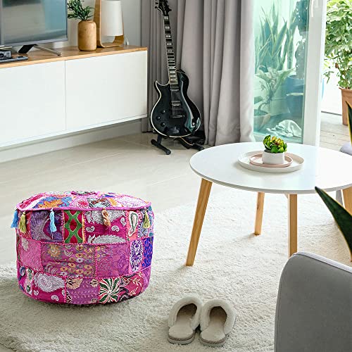 Indian Pouf Footstool Ethnic Embroidered Pouf, Indian Cotton Round Pouffe Ottoman - Cover Only (Pink, 18x13) - color: Pink, size: 13"D x 13"W x 18"H