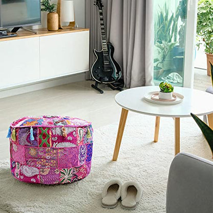 Indian Pouf Footstool Ethnic Embroidered Pouf, Indian Cotton Round Pouffe Ottoman - Cover Only (Pink, 18x13) - color: Pink, size: 13"D x 13"W x 18"H