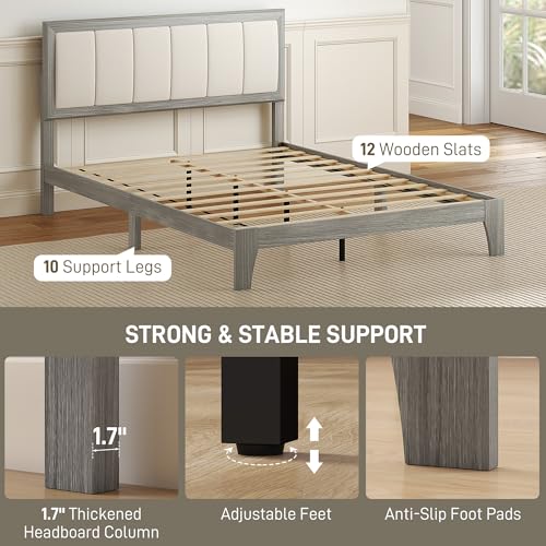 HOMCOM Full Size Bed Frame, Upholstered Headboard, Wooden Slats, Gray | Platform Bed Frame, No Box Spring Needed, Easy Assembly - size: Full