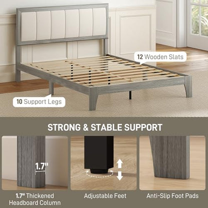 HOMCOM Full Size Bed Frame, Upholstered Headboard, Wooden Slats, Gray | Platform Bed Frame, No Box Spring Needed, Easy Assembly - size: Full