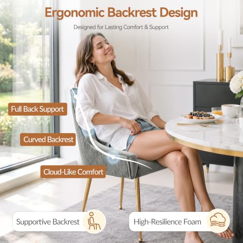 WUTUTUEE Velvet Dining Chairs Set of 6 Gold Legs,Upholstered Velvet Accent Chairs, Pleated Back Design & Gold Pull Handle, Mid Century Modern Chairs for Dining/Kitchen/Living Room,Light Grey - color: Light Grey, size: Set of 6